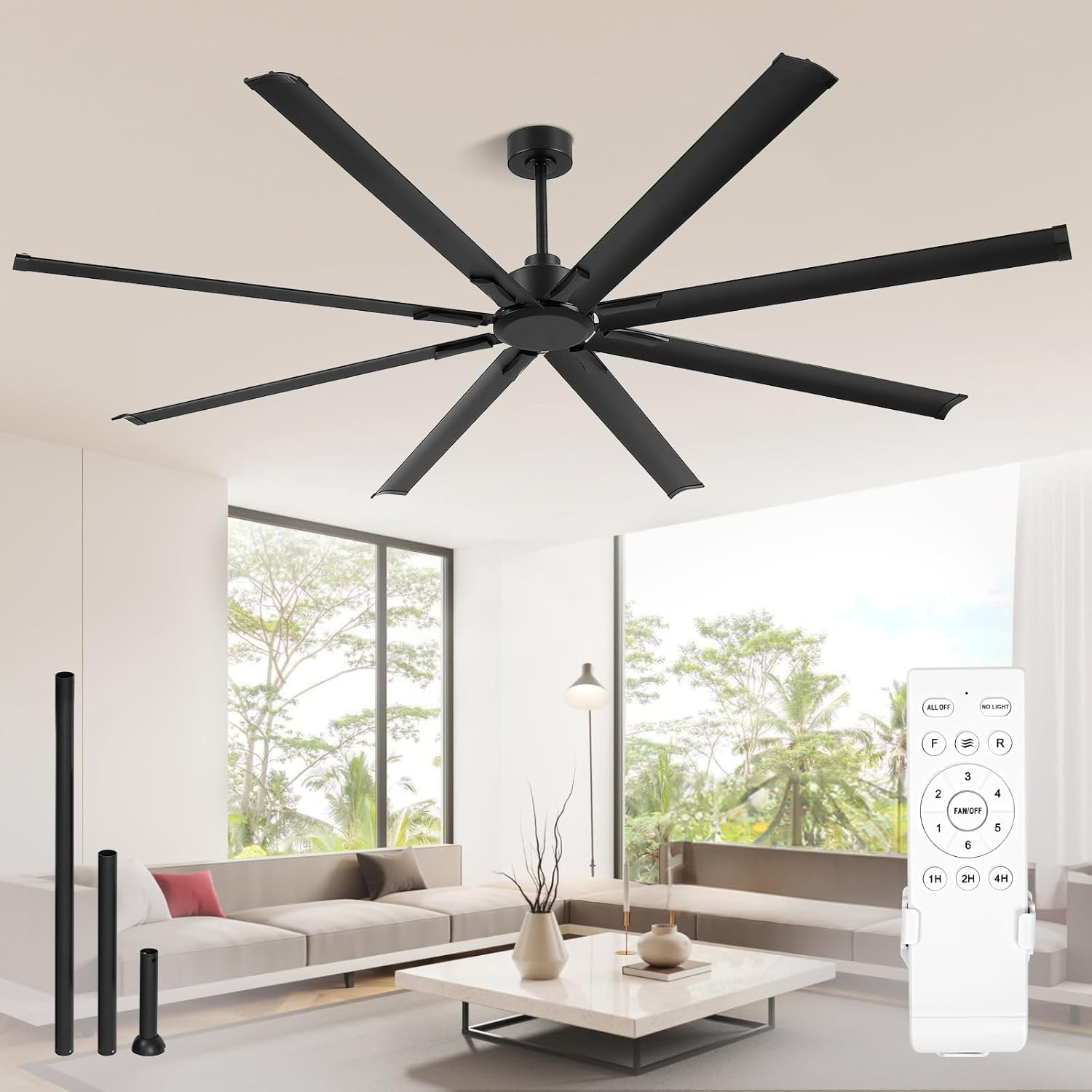 96 Inch Industrial Ceiling Fans, Large Ceiling Fan Remote Control Quiet DC Motor Big Assed Commercial Fan for Garage Gym Shop Warehouse Damp Rated 3 Downrods 8 Aluminum Blades High Airflow Black