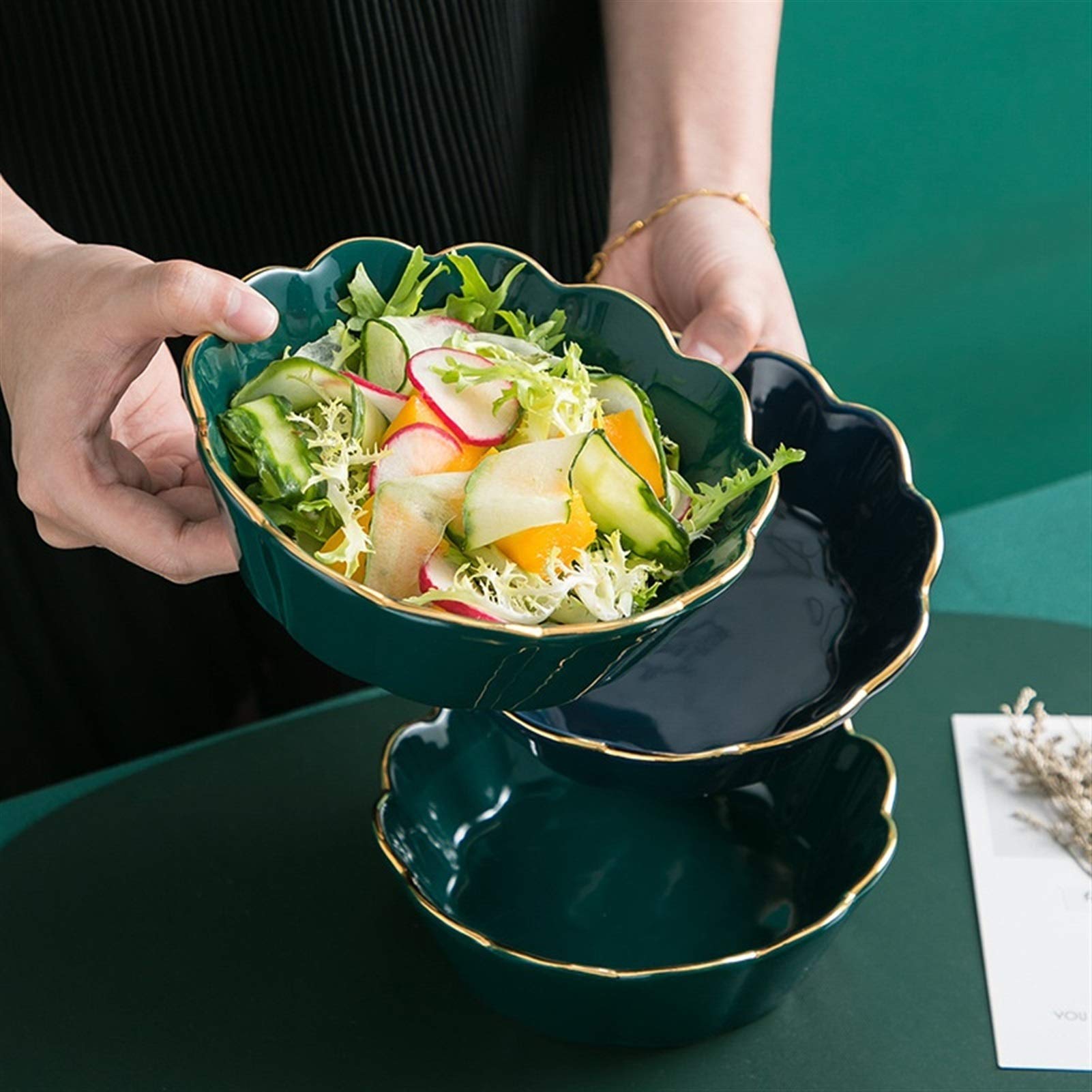 Miska na sałatkę, miska na ramen, Nordic Creative Glaze Flower Side Gold podwójna salaterka z miską na owoce i miską deserową Home Cutlery Miska na przekąski(Ink Green)