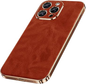 Genuine Leather Case for iPhone 16 Pro Max/16 Pro/16, Slim Luxury Retro Business Plating Case Full Coverage Lens Protection Cover,Brown,16 ProMax