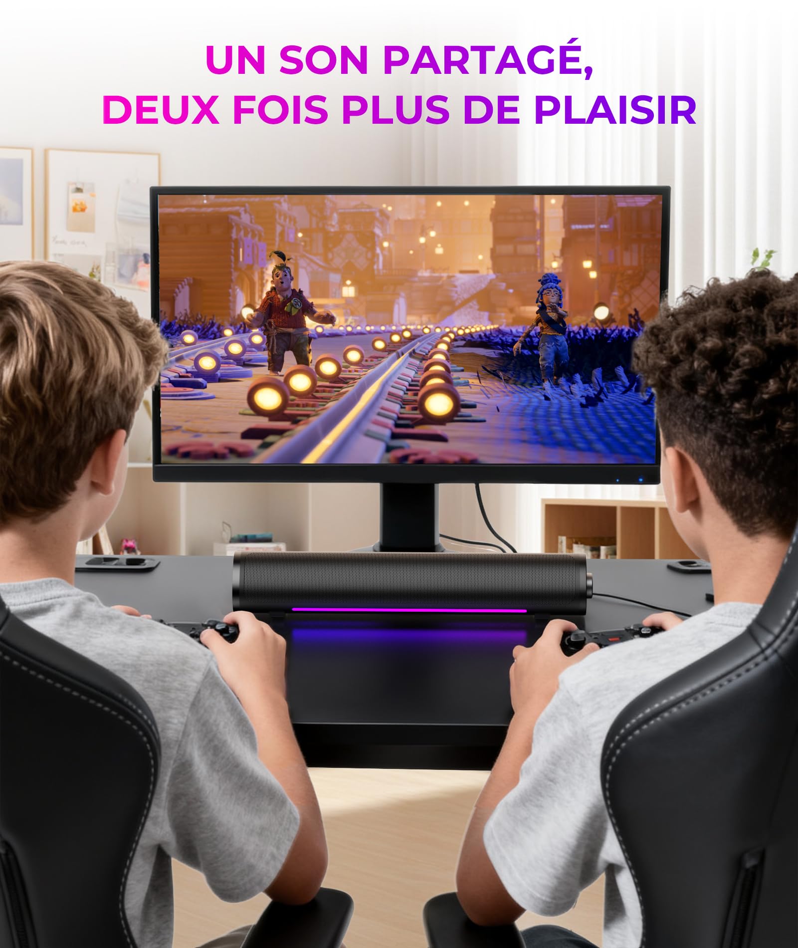 Enceintes d'Ordinateur de Bureau et Gaming, Barre de Son, Plug and Play – Alimentation USB d'Audio 3,5 mm, Éclairage RVB Dégradé, Commande à un Bouton, pour PC/Portable/Moniteur (USB et 3,5 mm)