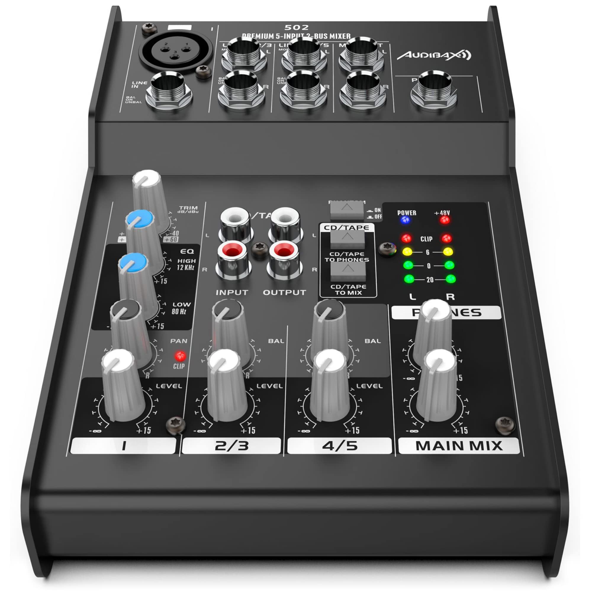 Audibax 502 - Console di Missaggio Audio - Mixer Audio a 5 Canali - Ingresso Microfono - 2 Ingressi Jack Stereo - Equalizzatore a 2 Bande - Alimentazione Phantom 48 V