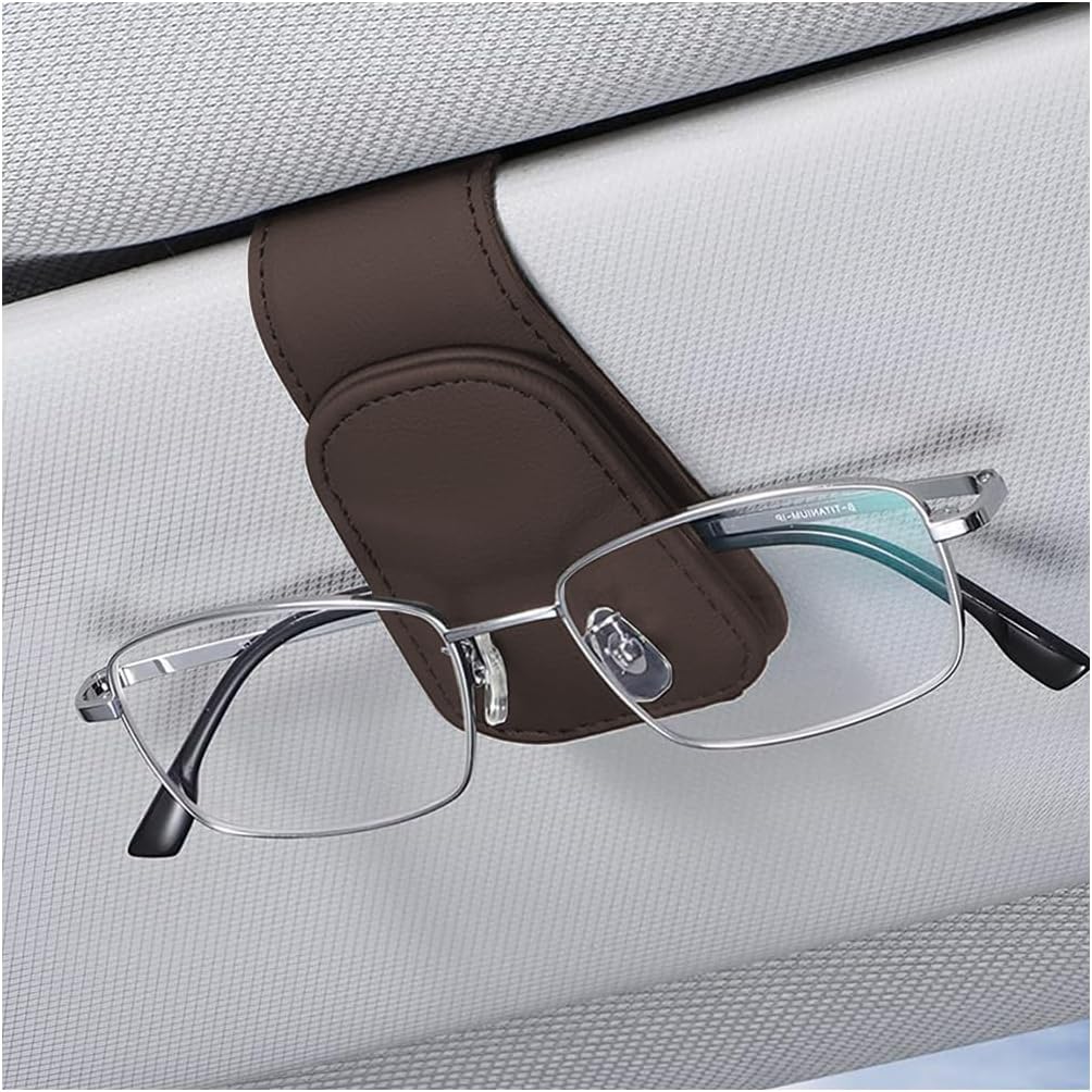 zipelo Magnetic Leather Sun Visor Sunglasses Holder Clip, Brown