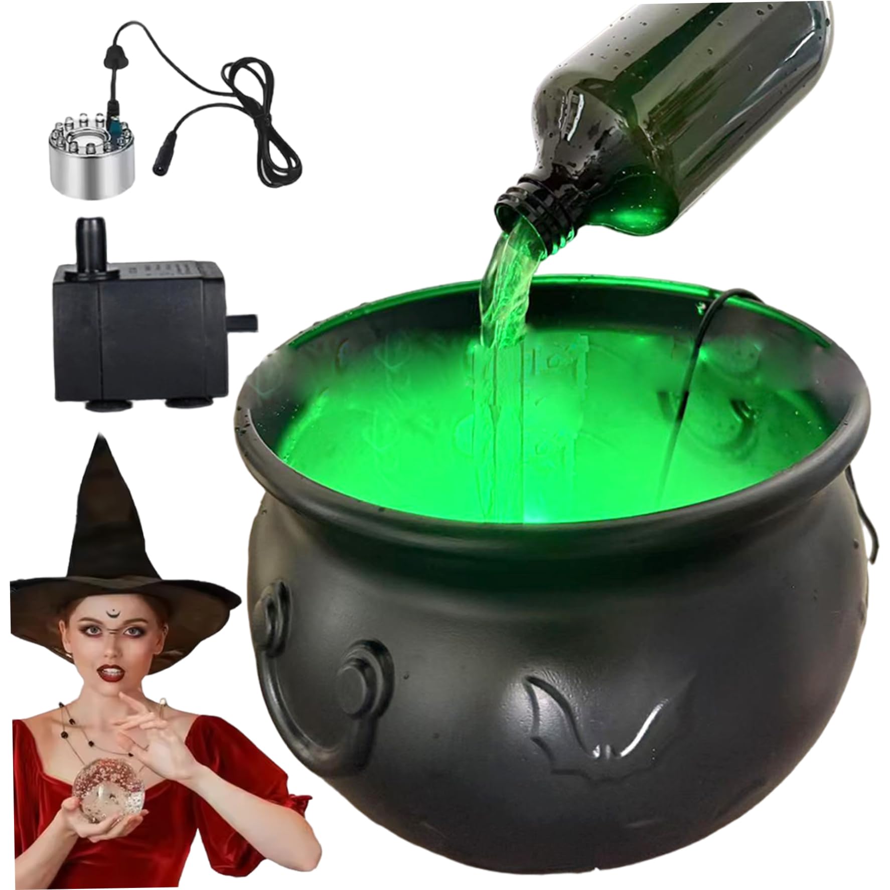 Hbbgdiy Witch Cauldron Bowl 10 Inch Plastic Cauldron Pot with Magical Green Water Dye and Spray for Halloween Candy Display Porch Party and Haunted House Decor