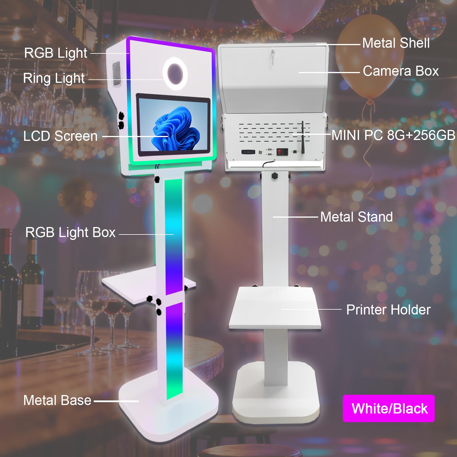 Máquina de fotomatón DSLR de 15.6 pulgadas con pantalla táctil portátil con luz RGB para bodas, eventos, fiestas, cabina de fotos con funda de vuelo (blanco, máquina de fotomatón)