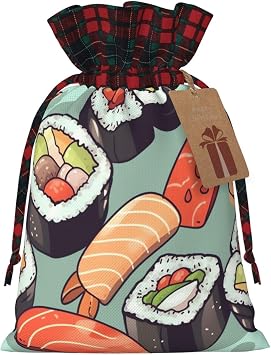 NONHAI Christmas Drawstring Gift Bags Sushi Santa Bag Buffalo Christmas Burlap Bags with Gift Tags Upgraded Candy Gift Wrapping Bags for Christmas Presents Party Favor Goody Sack