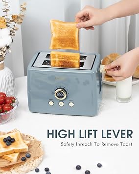 2 Slice Toaster, Retro Bread Toaster with LED Digital Countdown Timer, Extra Wide Slots Toasters with 6 Bread Shade Settings, Bagel, Defrost Function, High Lift Lever, Removal Crumb Tray, Ash Blue