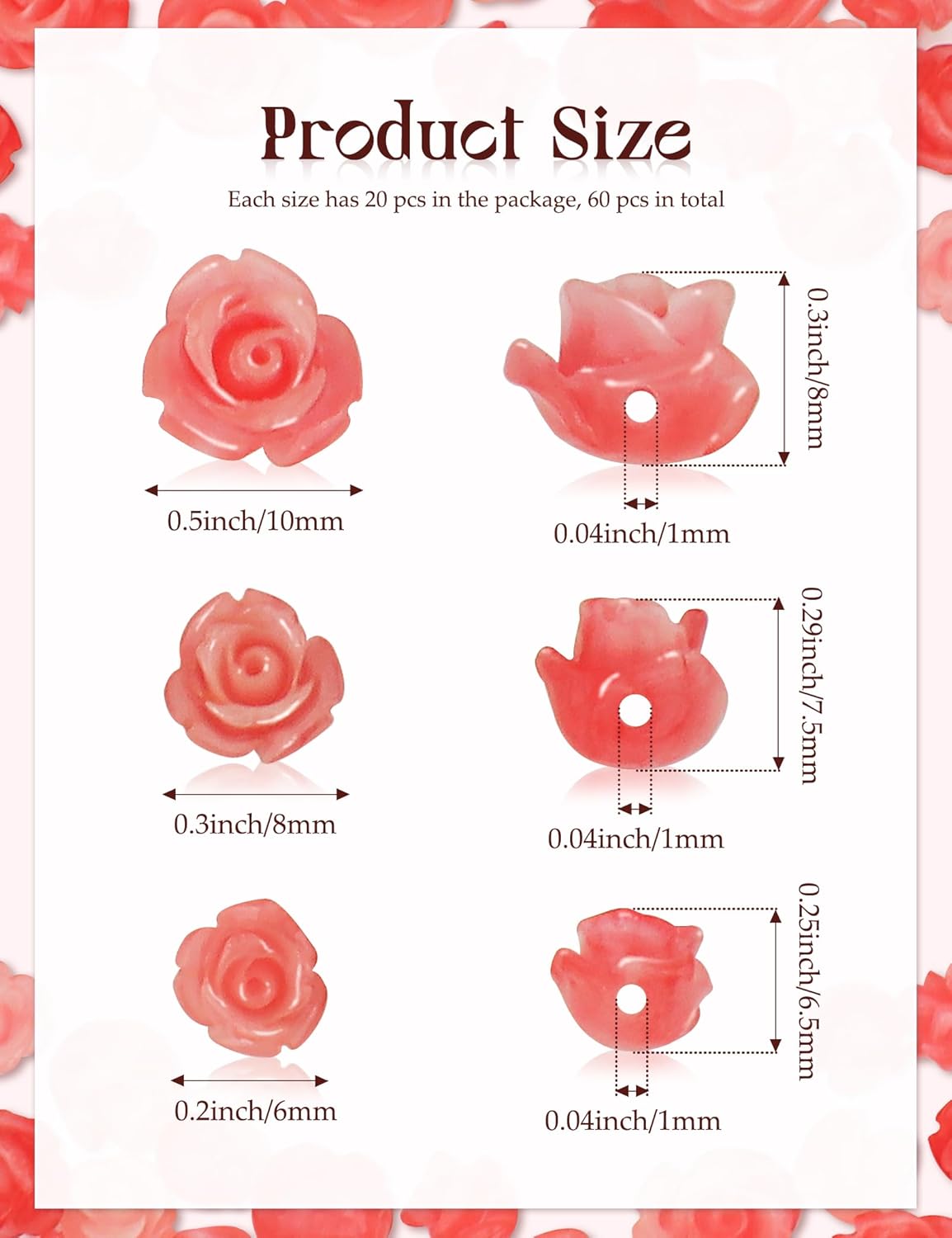 60 Pcs Pink Opaque Carve Rose Bead, 6MM, 8MM and 10MM Flower Carving Loose Beads Charms for Jewelry Making Necklace Bracelet Earring DIY Craft Valentine's Day Wedding Anniversary - Image 2