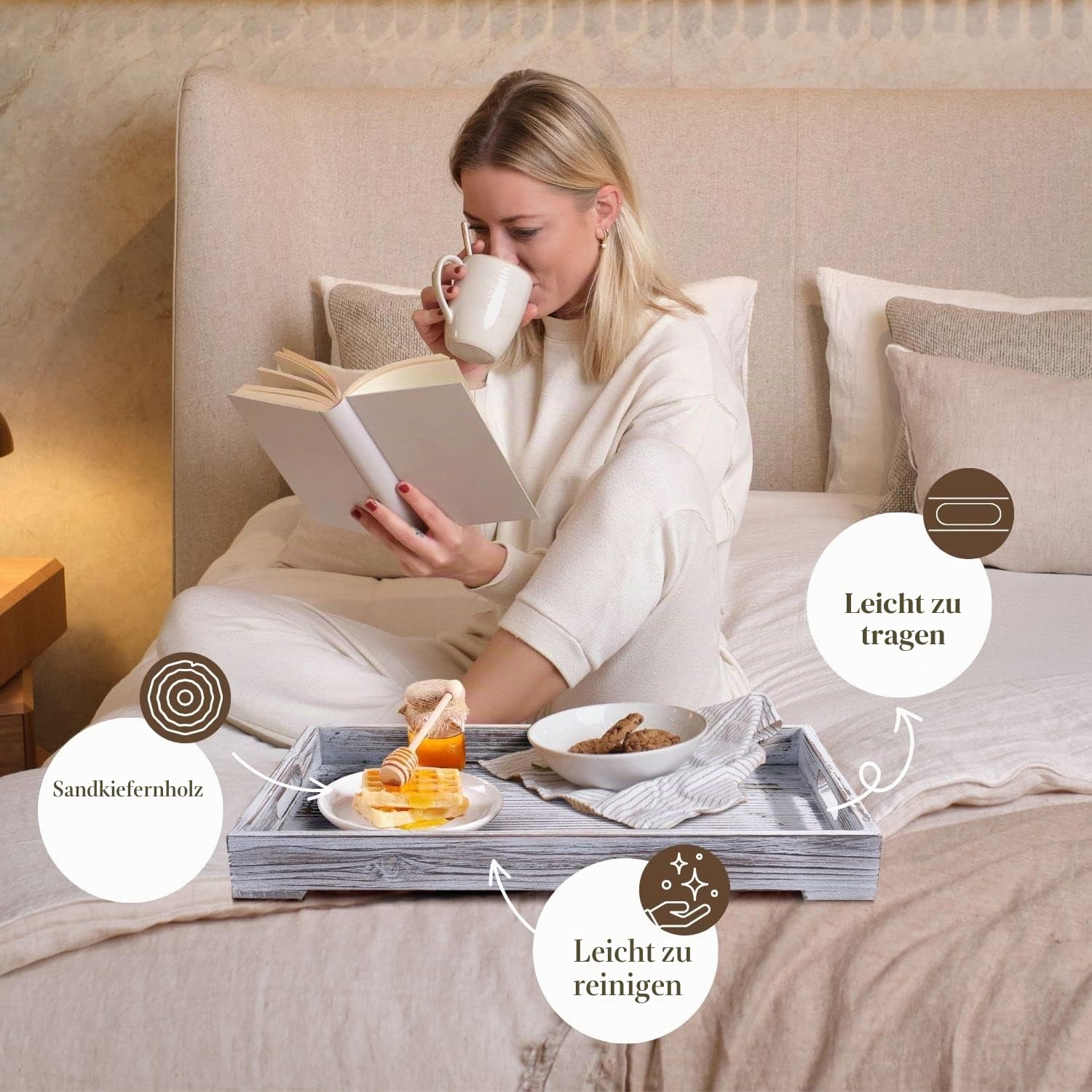 Flexzion Schachtelabletts aus Holz, Frühstück im Bett Serviertablett mit ausgeschnittenen Griffen- 3er-Set, Dekorative rustikale geflammte Holzplatte Servieren für Kaffee Essen Küche Tischpräsentation