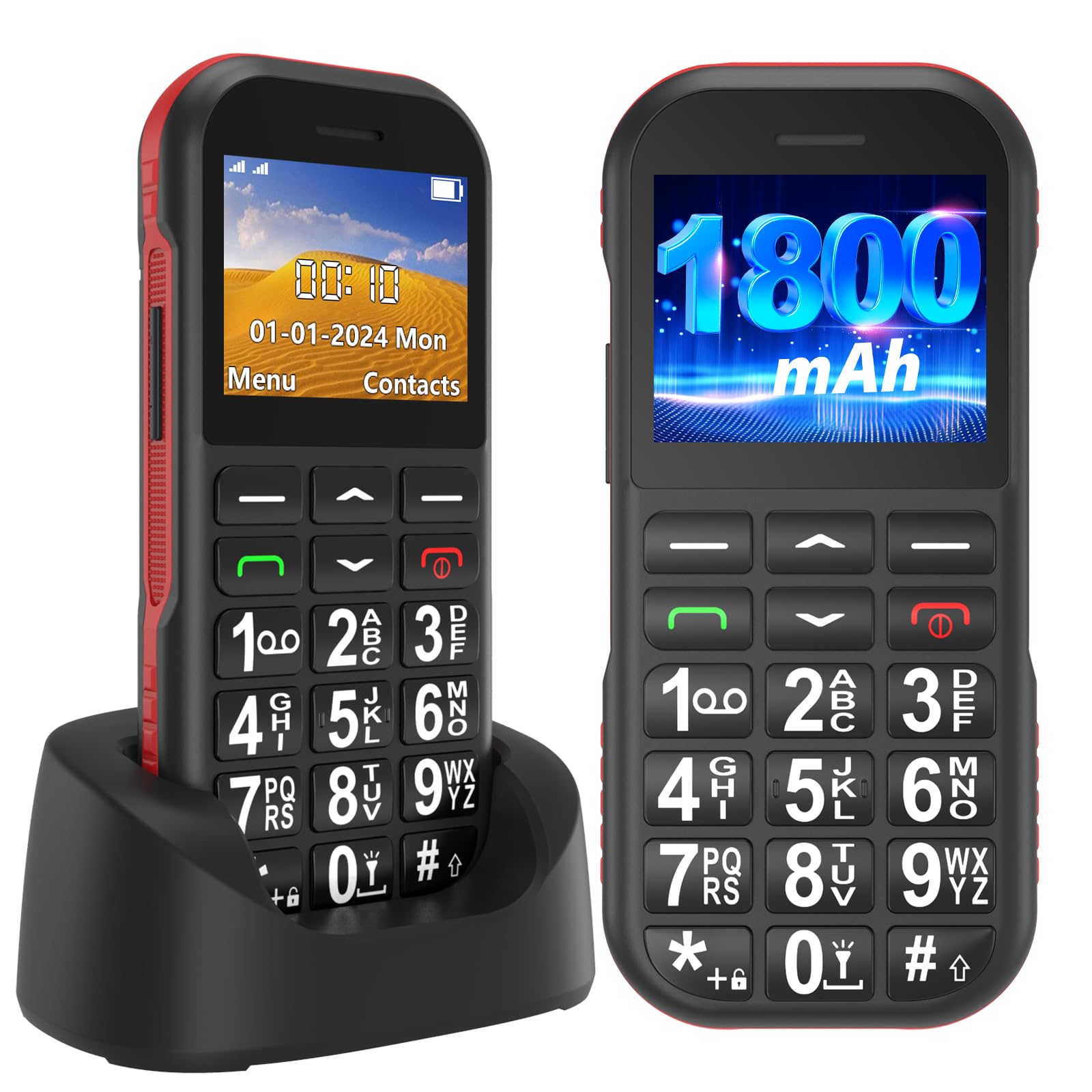 Elderly Mobile Phone with Big Keys, GSM Mobile Phones for the Elderly, Dual SIM, 1800 mAh Long Battery Standby, USB C Charging, SOS Function, High Sound, Torch, Charging Base, Black