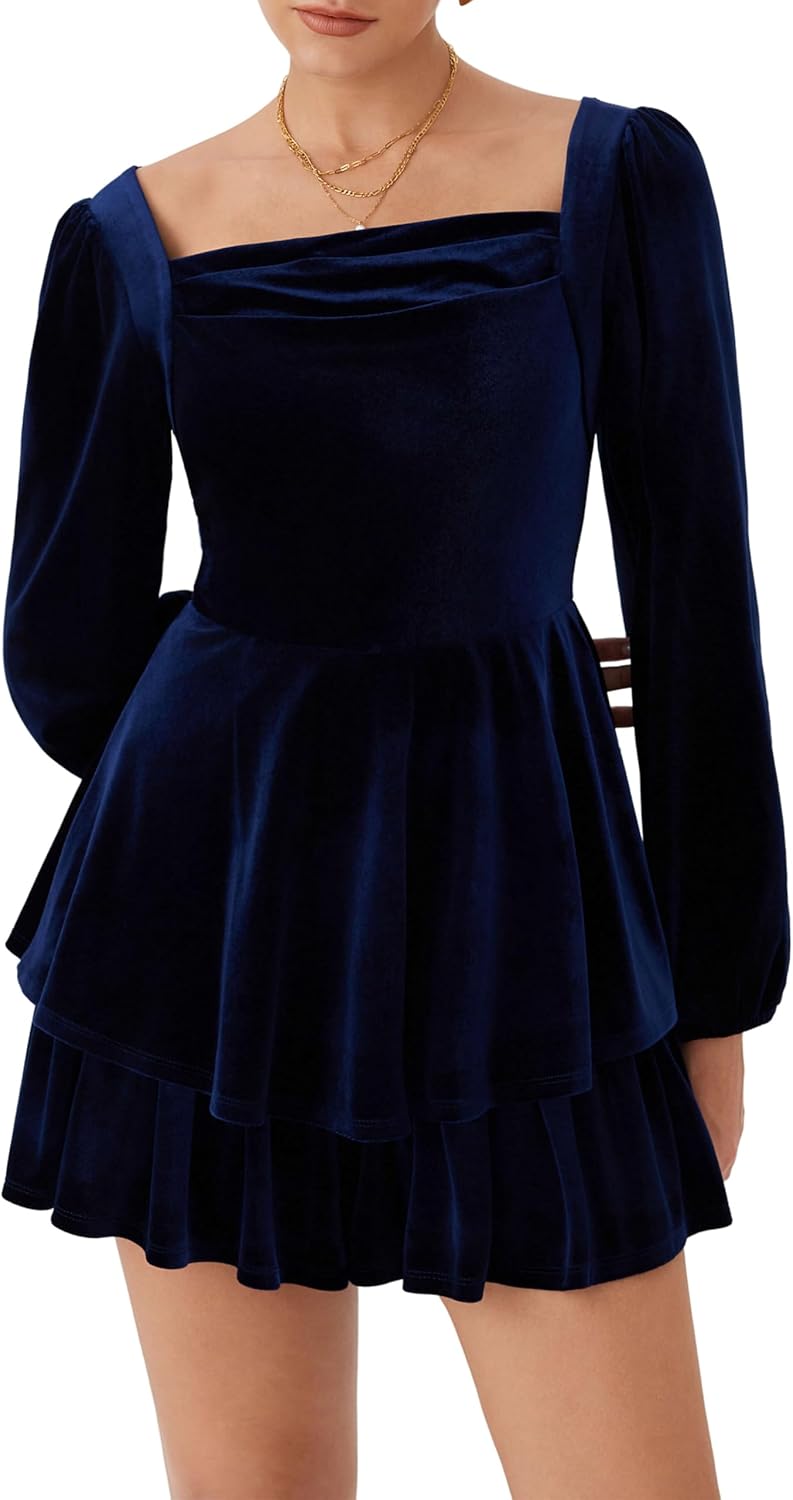 CIDER Womens Velvet Long Sleeve Romper Square Neck Tiered Ruffle Romper Date Night Party Club Outfit - Image 3