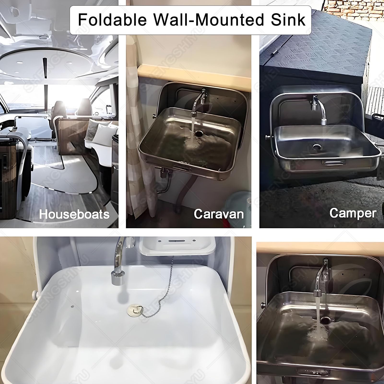 RV Lavabo de mano pequeño rectangular con drenaje de filtro y estante para campistas y yates