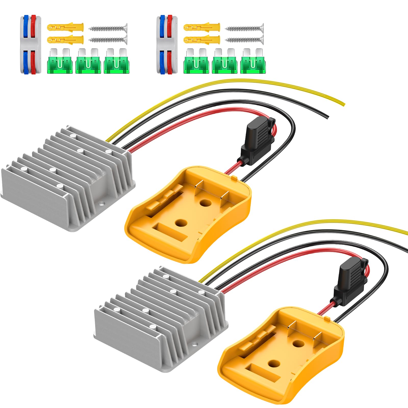 Photo 1 of 2 Pack 20V to 12V Step Down Converter Compatible with DeWalt 20V Power Wheel Battery Adapter, DC 12V 20A 240W Buck Converter Regulator 30A Fuse & Wire Terminal