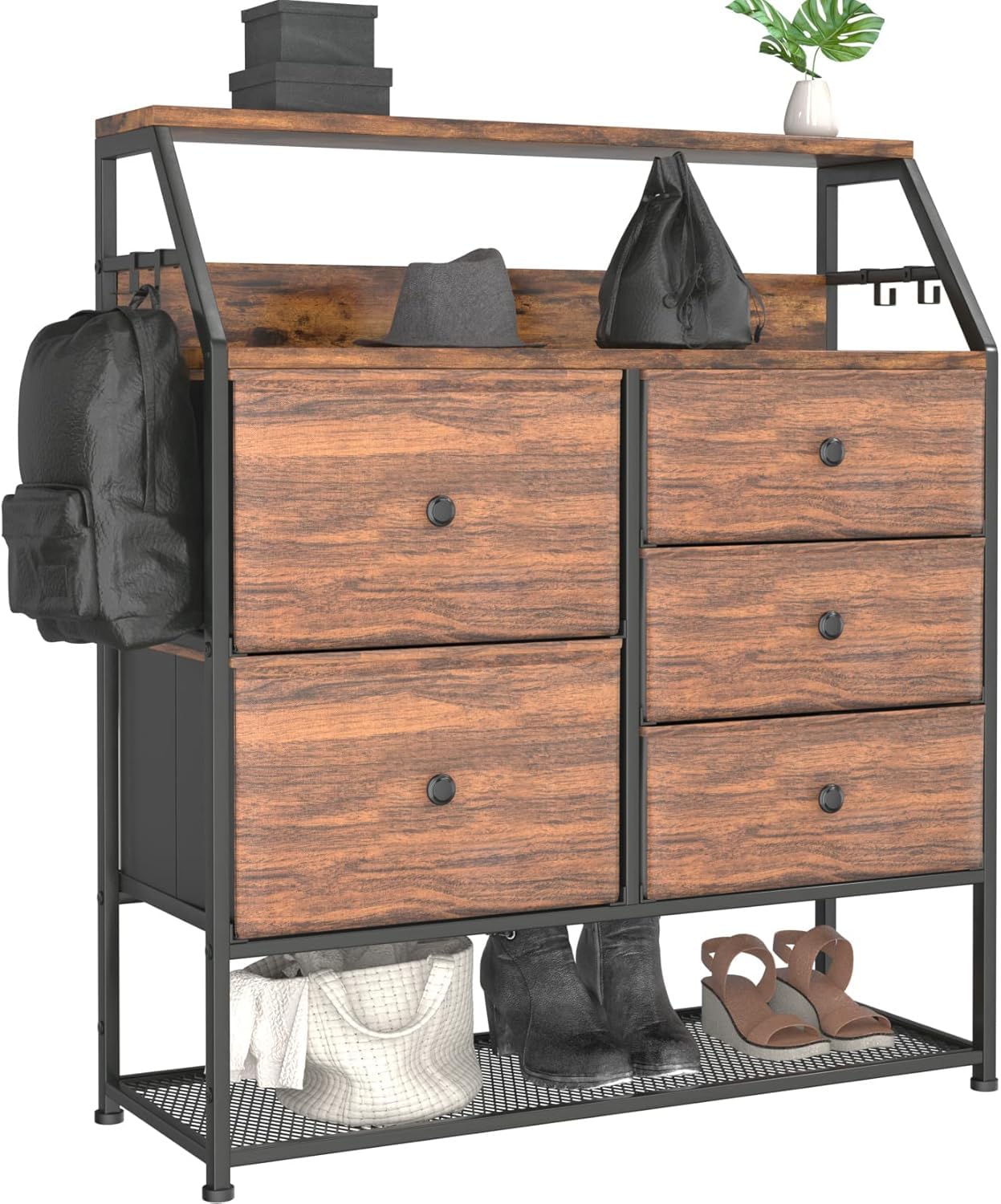 Dripex Commode en Tissu avec 5 tiroirs, Meuble de Rangement avec Dessus en Bois et étagère à Chaussures, Cadre en Métal, pour Salon, Chambre, Couloir, Marron Rustique et Noir Gris Vintage+Noir