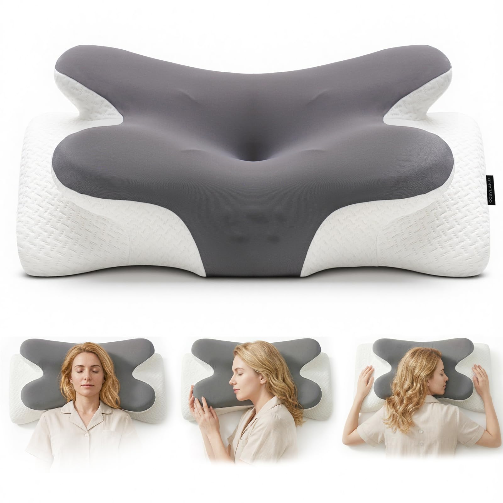 COSYLAND Almohada Cervicales y Cuello - Espuma Viscoelástica, Diseño Mariposa con Soporte Ergonómico y Transpirable, para Dormir de Lado, Boca Arriba y Boca Abajo, 63 x 34 x 11/13 cm - 1