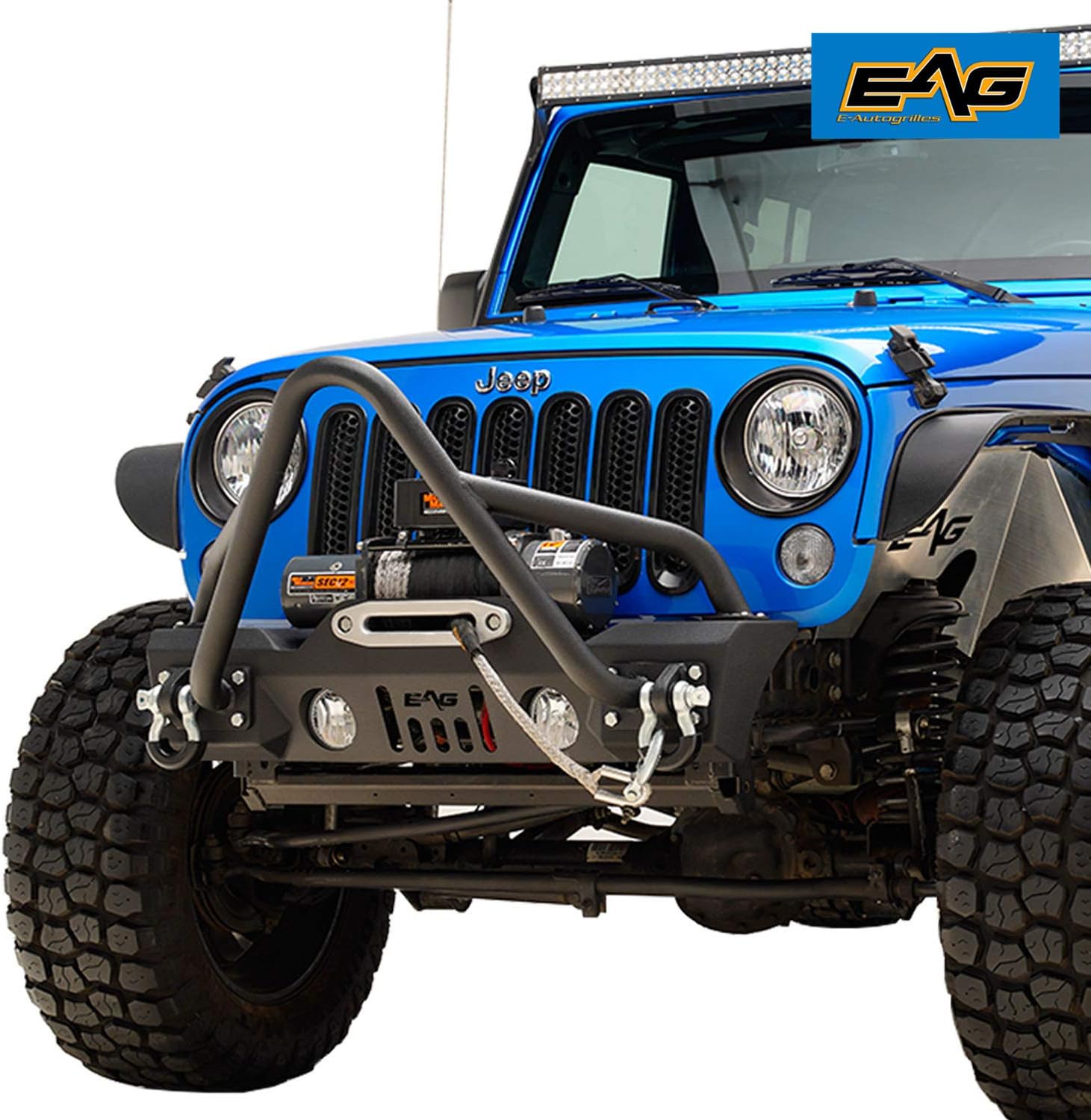 EAG Stubby Front Bumper with Stinger Hoop Guard and Winch Plate Fit for 07-18 Wrangler JK