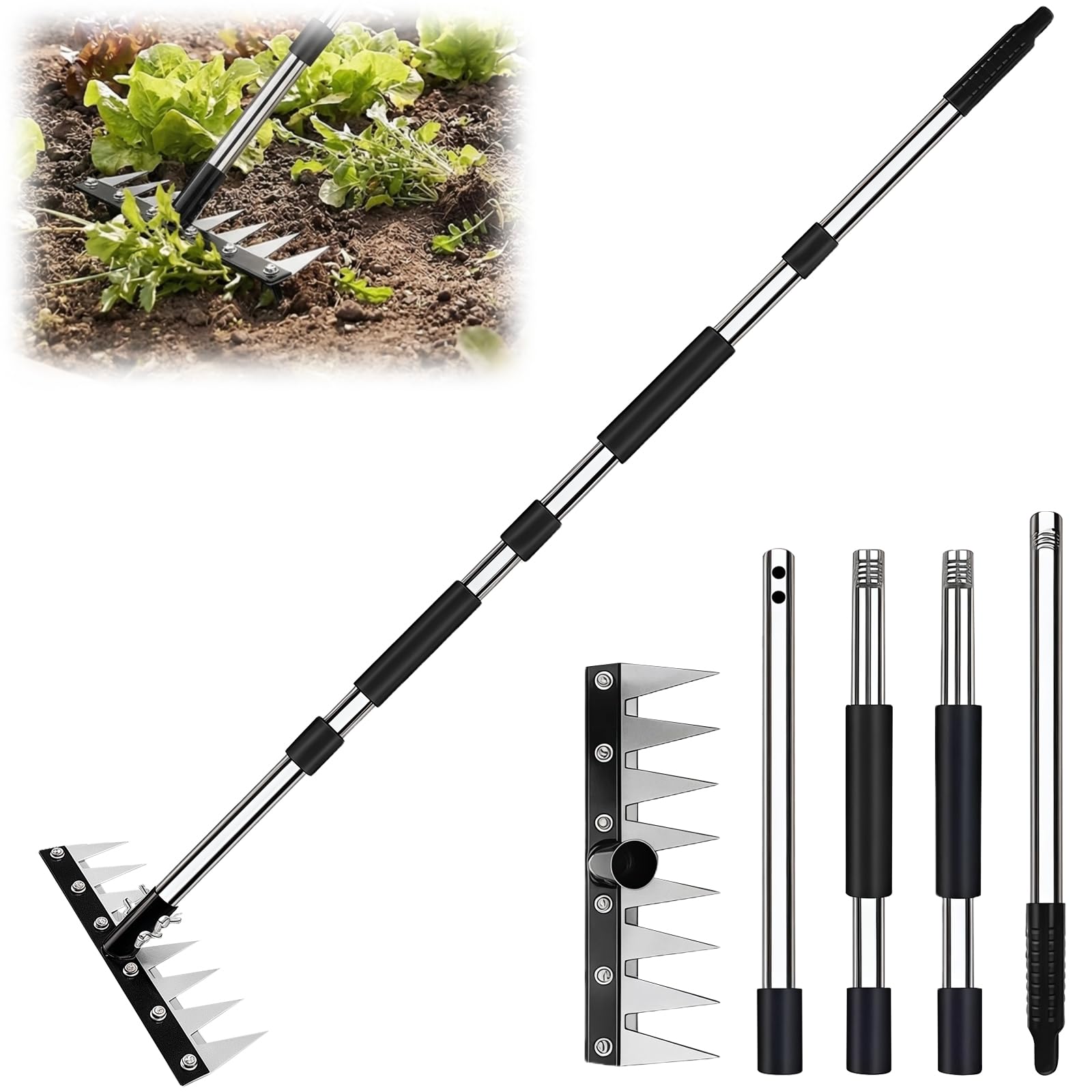 Rateau De Désherbage, Râteau Jardin avec Manche(155cm) Dents Râteau De Désherbage Multifonction en Acier au Manganèse pour Désherber, Desserrer et Semer (8 Dents)