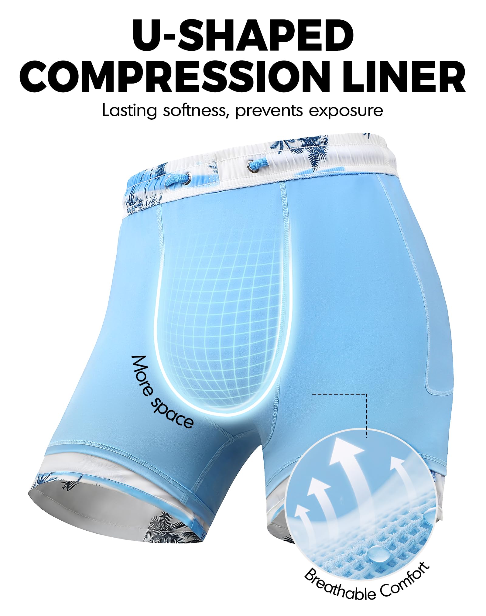 Badehose Herren 2 in 1 mit Kompressions Innenhose, Schnelltrocknend Wasserabweisend Elastisch mit Reißverschlusstaschen & Verstellbarem Bund Badeshorts Herren