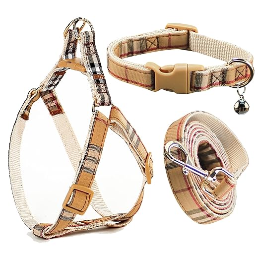 Cute Plaid Dog Collar Harness and Leash with Safety Buckle - Adjustable and No Pull Comfortable Dog Collars for Small Puppy, Stylish Durable Gift for Boy Girl Pets