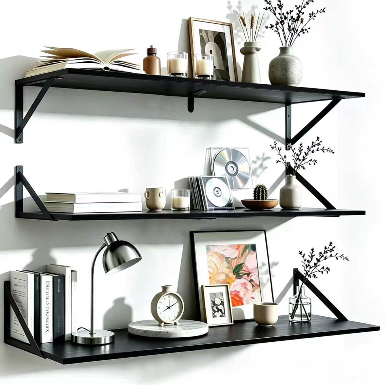Black Long Shelves for Wall 90 x 20cm, Bedroom Wooden Book Shelf 3pc