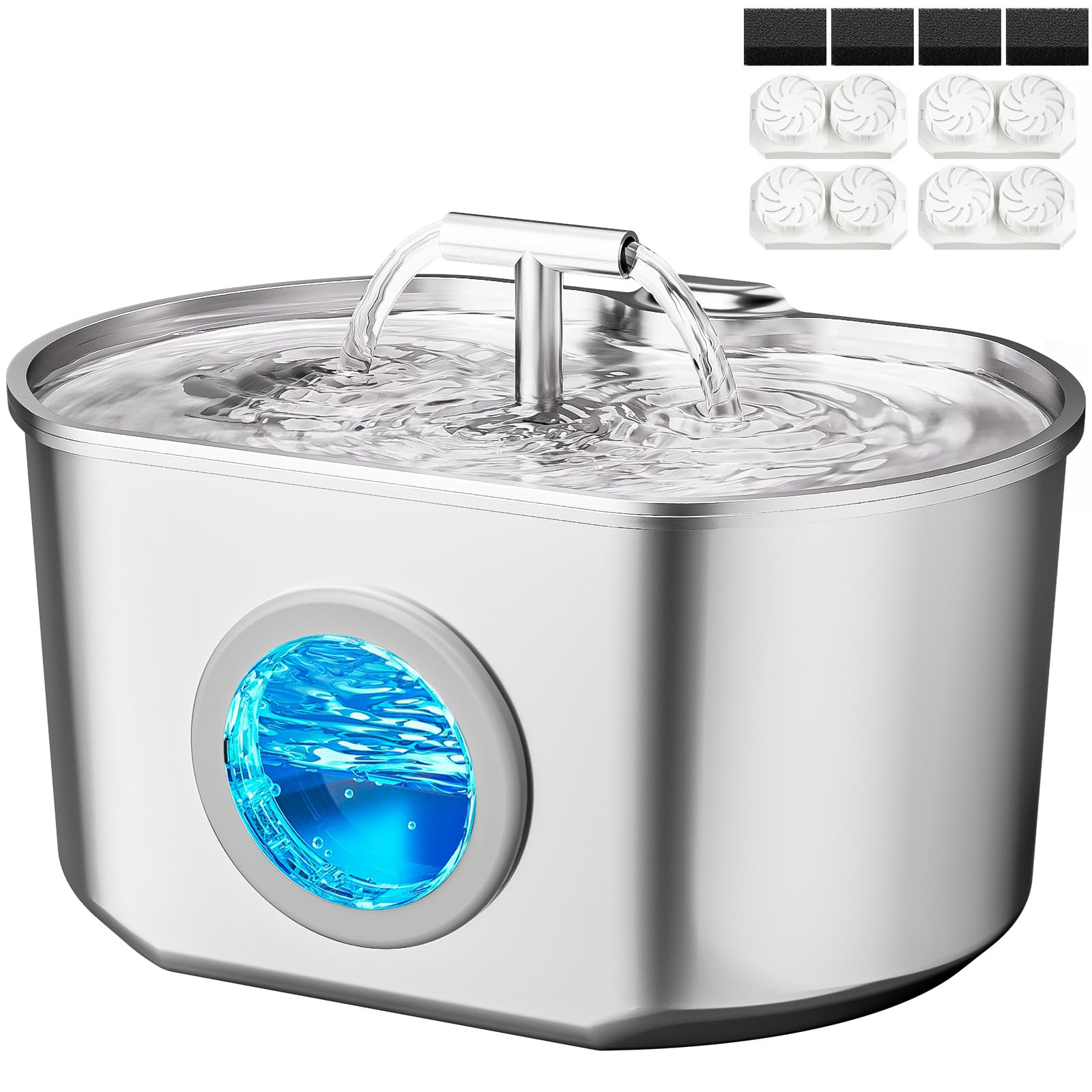 Cat Water Fountain Stainless Steel - Pet Drinking Fountain for Cats Indoor - 2.2L/74oz Automatic Water Dispenser with Watering Level Window (4 Filters