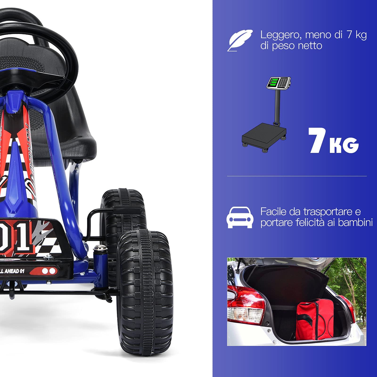 GYMAX Go Kart per Bambini 3-6 Anni, Macchina Cavalcabile con Pedali e Sedile Regolabile, Go Kart Giocattolo Facile da Controllare, 50x92x53 cm (Blu)