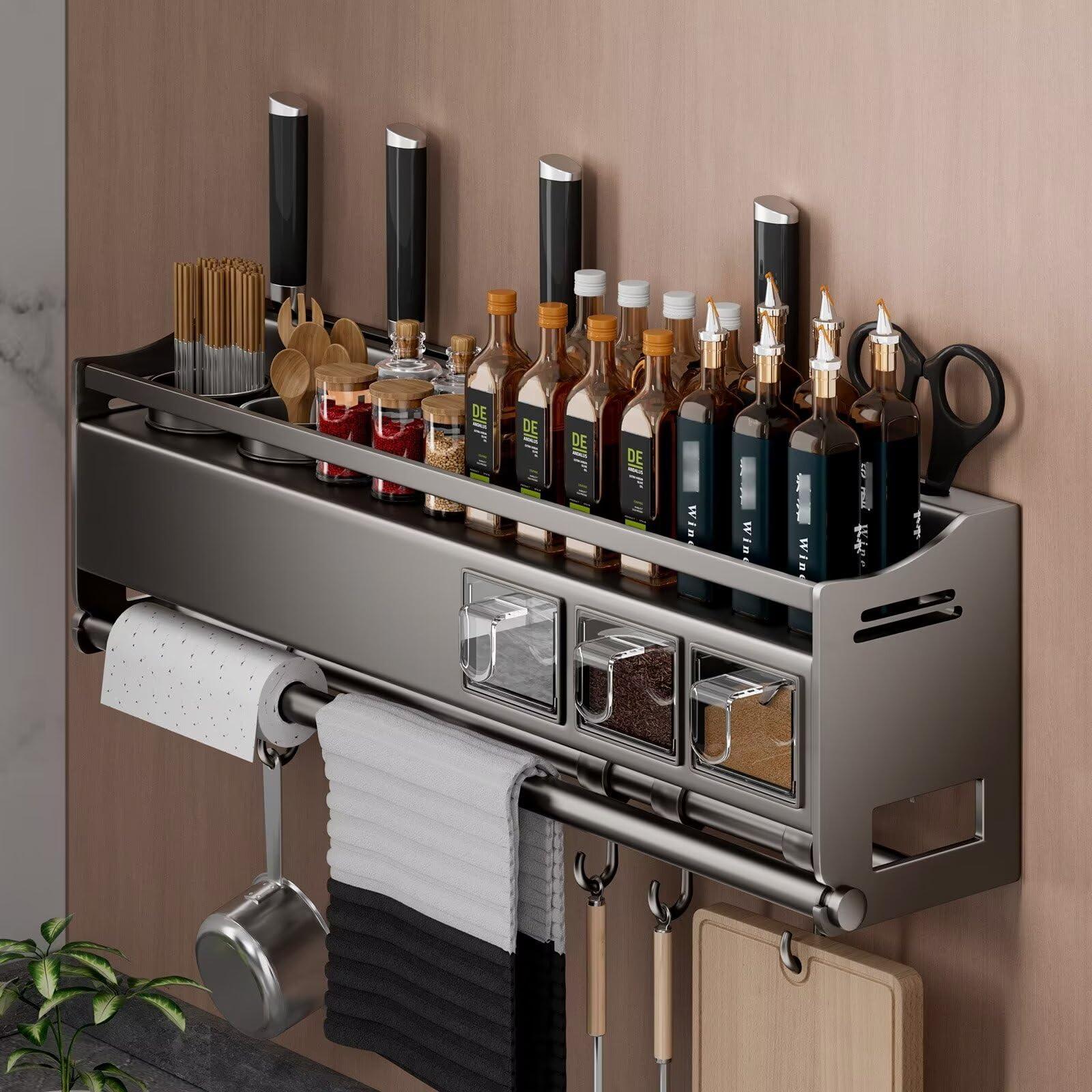 WYQXTY Wall Mount Kitchen Spice Utensil Rack Gray Metal Wall Spice Rack with Utensil and Towel Holders, Knife Storage, Multiple Sizes(43x13x18cm)