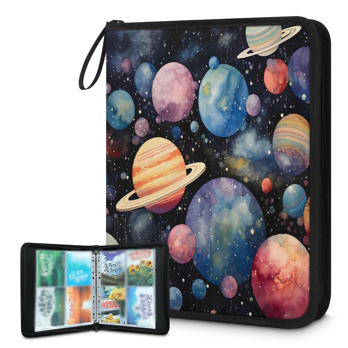 Raccoglitore per carte collezionabili con 4 tasche, 400 tasche, custodia per carte fronte/retro con maniche rimovibili, Galaxy Outer Space Solar System Universo cielo stellato, set di protezioni per