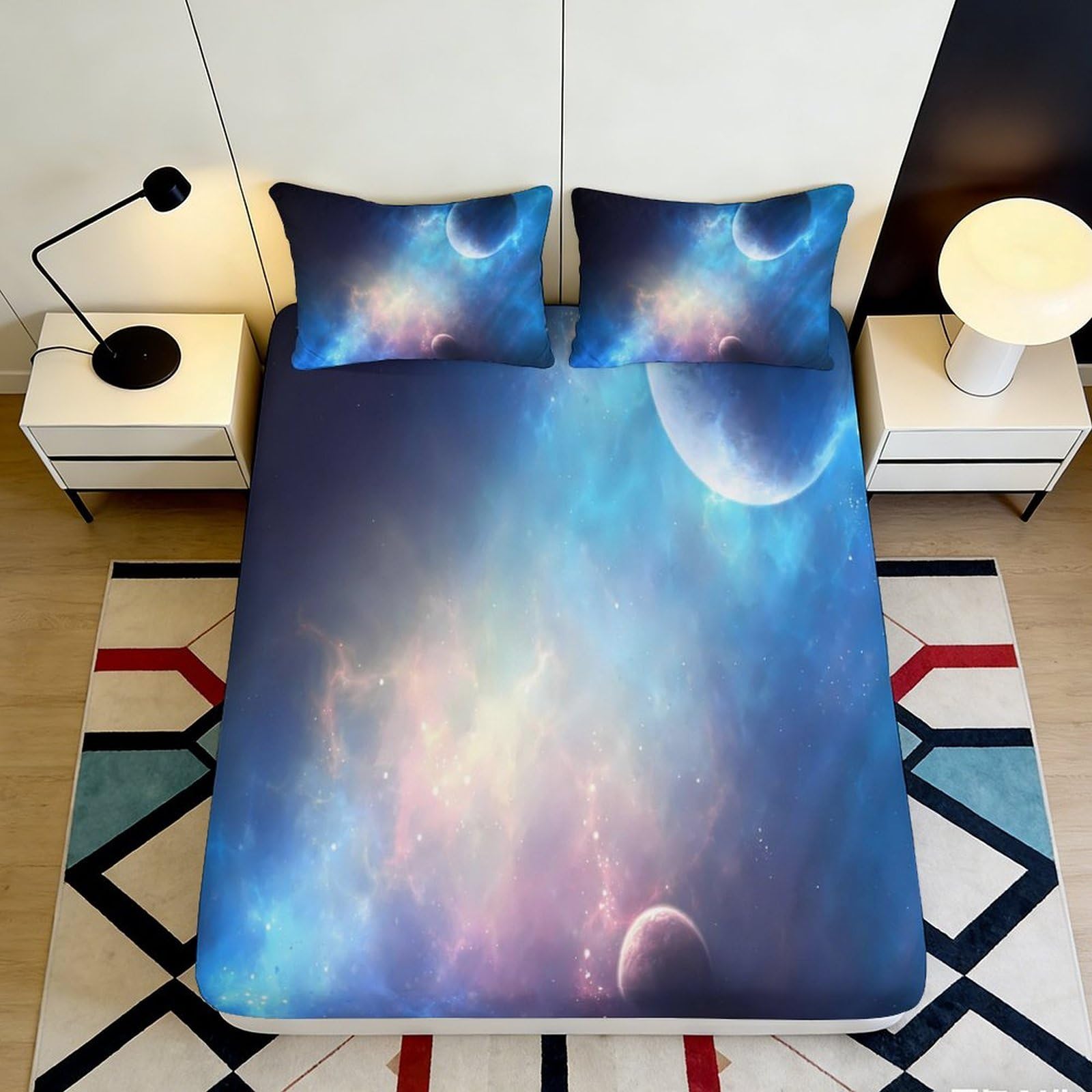 3D Printed Galaxy Starry Sky Fitted Sheet Microfiber Soft Cosmic Nebula Mattress Cover for Bedroom Dorm Decor 90x200x25cm