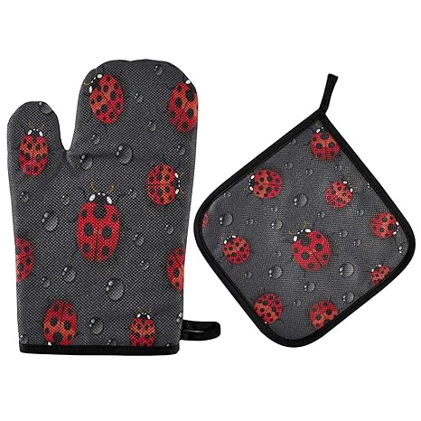 Ombra Oven Mitt Pot Holder Set Ladybug Water Drop Pattern Heat Resistant Quilted Oven Glove Kitchen Cotton Hot Pad for Cooking Grilling Christmas Machine Washable