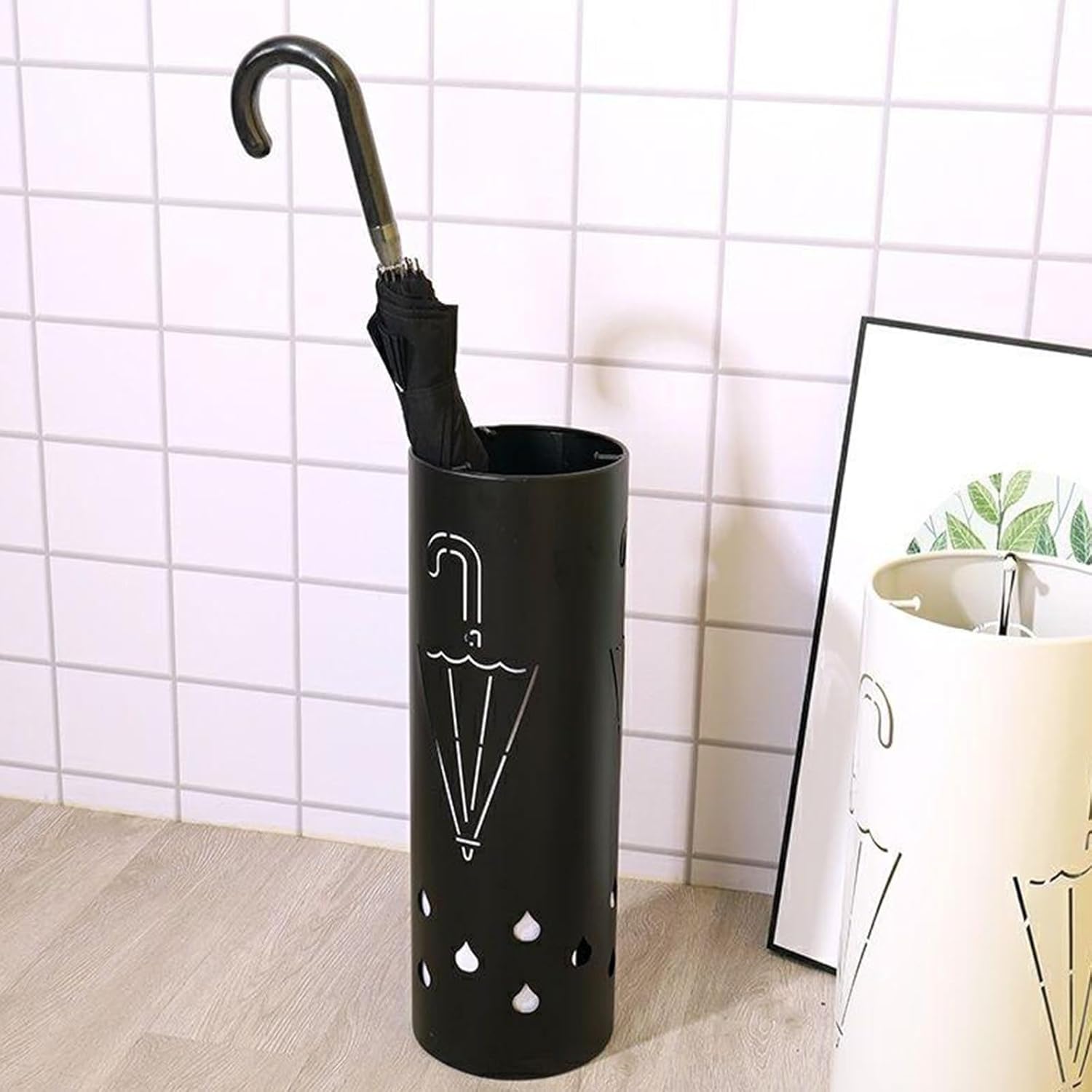 Modern Metal, Small Self-Standing Umbrella Holder, Stylish Umbrella Bucket Nizer with Hooks for Home, Office, and Hotel Lobby