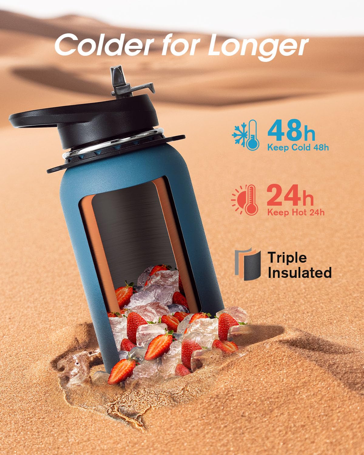 Coolflask Bouteille d'eau isotherme de 1183 ml avec sangle, carafe à eau en acier inoxydable avec paille et bouchon verseur, grande bouteille d'eau en métal, anti-fuite et sans BPA, noir indigo