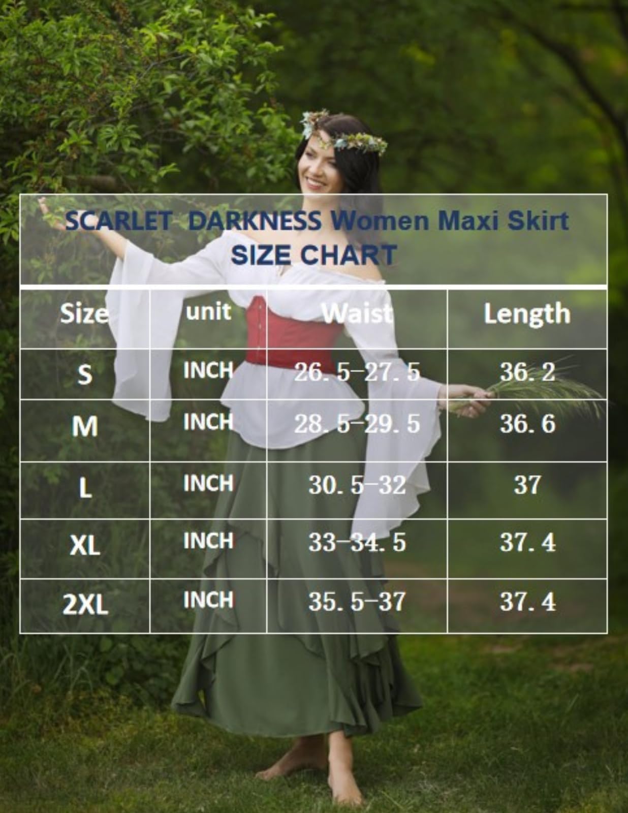 SCARLET DARKNESS Damen Mittelalter Rock Lang Elastische Taille mit Taschen Chiffon Rüschensaum Piraten Rock
