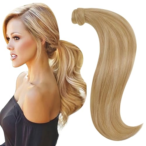RUNATURE Extensión de cola de caballo de cabello humano lacio natural con clip, extensiones de cabello humano de 14 pulgadas, 2.82 oz, rubio dorado