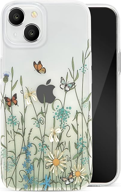 Petrala Clear Case for iPhone 13 Case 6.1 Inch, Anti-Scratch Shockproof Protective Clear Daisy Floral Patterns Design Case for iPhone 13 Case Girls Women Covers Green Flower
