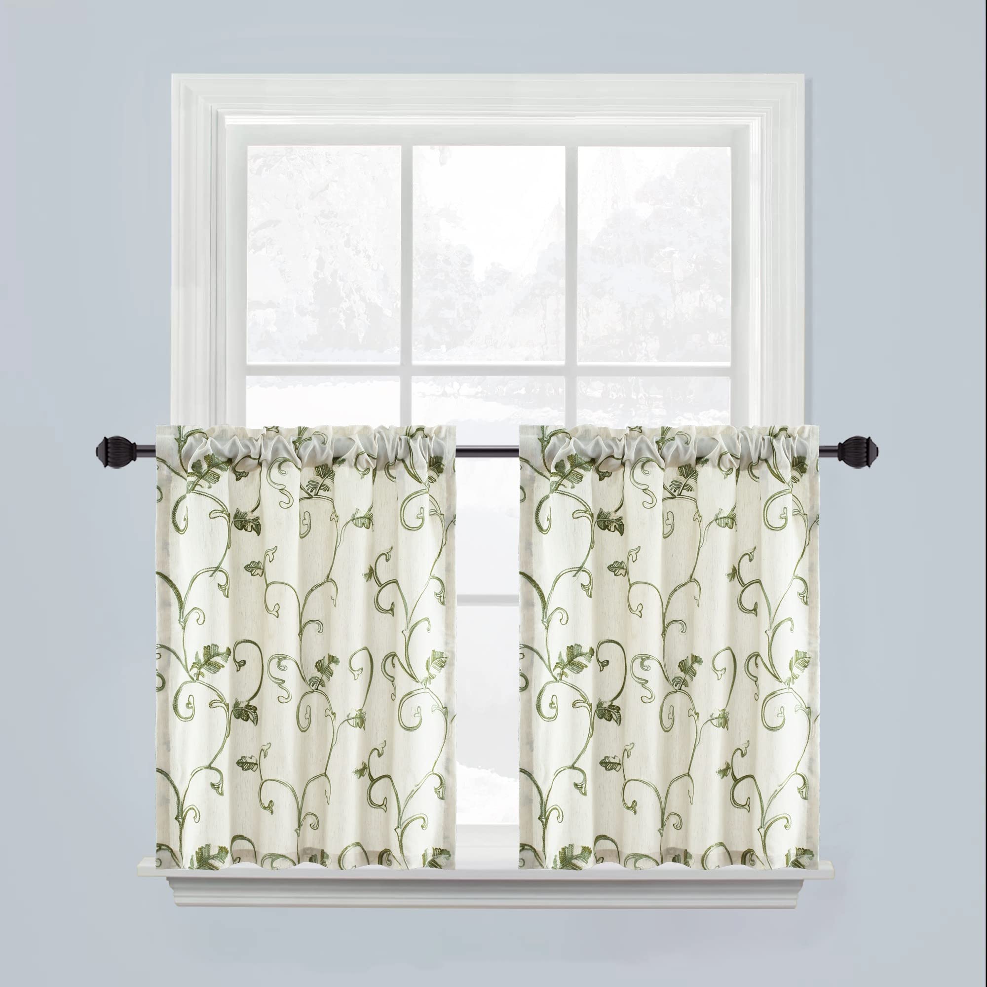 VOGOL 30 Inch Length Linen Kitchen Curtains, Green Vines Embroidered Botanical Tier Curtain Set, Light Filtering Tier Curtains for Bathroom Basement Cafe, Rod Pocket, 2 Panels — image 1