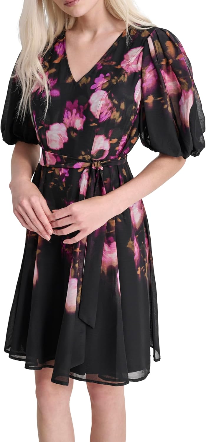 DKNY Women's Short Balloon Sleeve Surplice Neck Mini Removable Belt Faux Wrap Dress