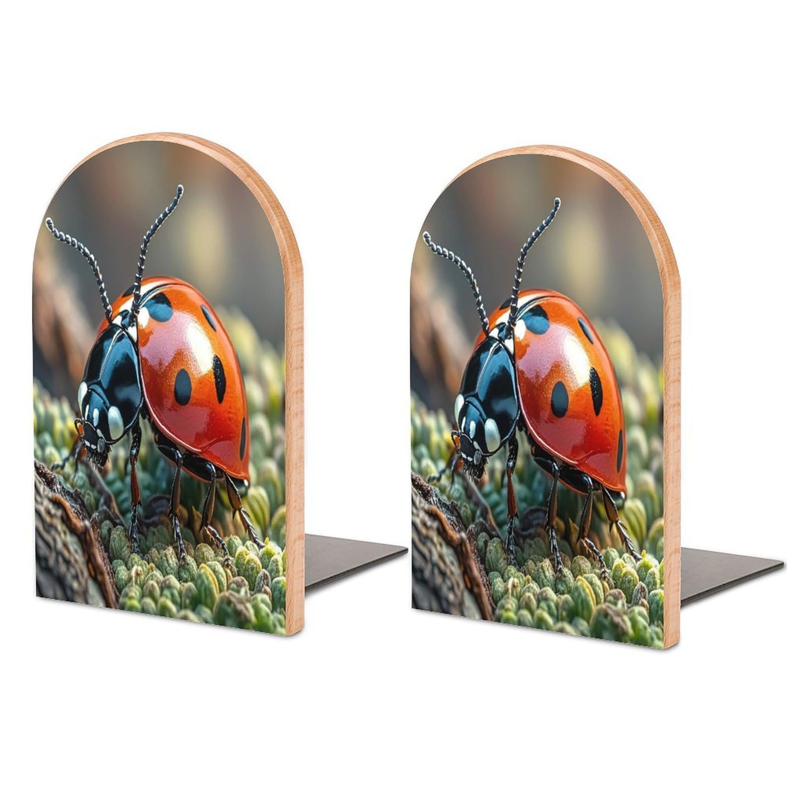 Red Ladybug Book Ends Wood Non-Skid Bookend for Shelves Heavy Duty Bookends with Metal Base Decorative Books Stopper Desk Organizers Book Dividers for Office Home 1 Pair