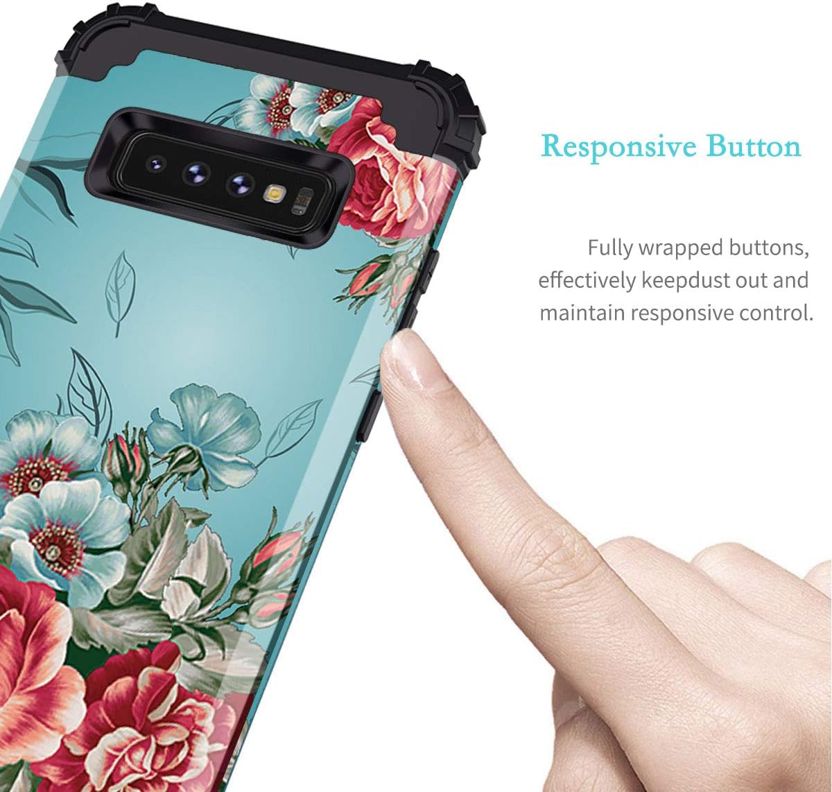 LONTECT for Galaxy S10 Plus Case Floral 3 in 1 Heavy Duty Hybrid Sturdy High Impact Shockproof Protective Cover Case for Samsung Galaxy S10 Plus, Teal/Red Flower