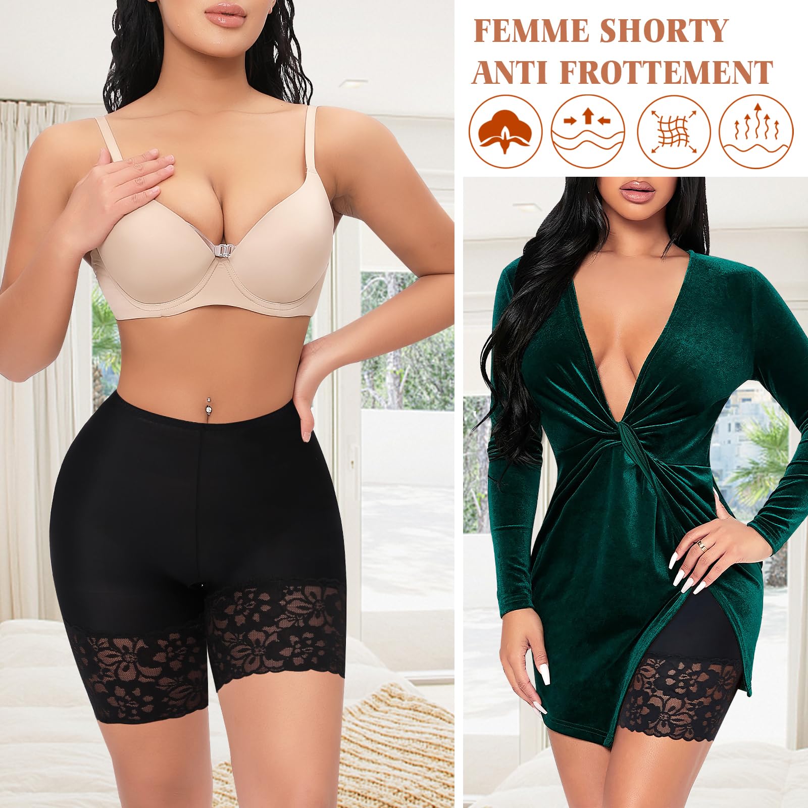 Short Anti Frottement Cuisse Femme Dentelle sous Robe Legging #1 Noir 295-2XL Checking 339