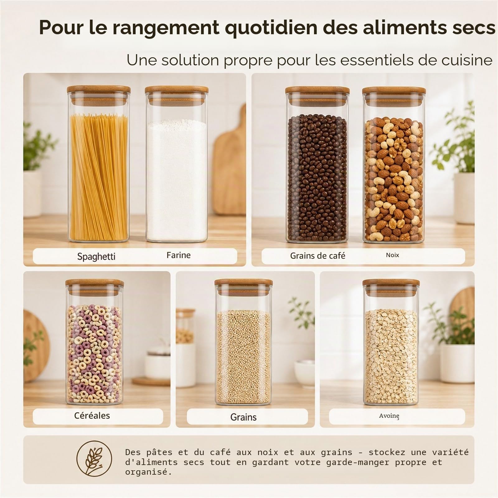 WOPPLXY Lot de 4 Bocaux en Verre Hermétique, 1500ml Bocaux Rangement Cuisine, Bocauxs Verre Couvercle Bois pour Conserver les Grains de Café, Noix, Biscuits, Pâtes, Grains | Hautement hermétique ; 10 x 10 x 20 cm (L x l x H) ; convient pour stocker des cé