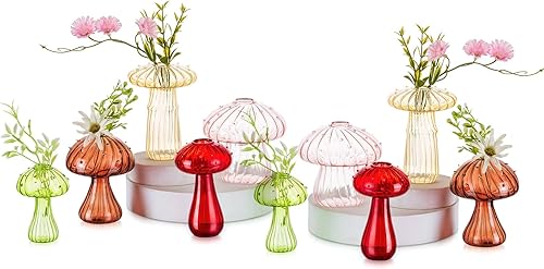 Hewory Jarrón de cristal con forma de hongo para flores, 10 jarrones de flores pequeños de colores únicos, floreros hidropónicos de propagación de