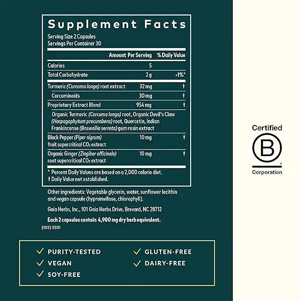 Gaia Herbs Turmeric Supreme Joint Health - Joint Support Supplement - with Quercetin, Black Pepper, Boswellia, Ginger Root, Curcuminoids, & More - 60 Liquid Phyto-Capsules (15-Day Supply) 3