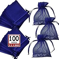 Vista 10 de Ableme Deco Bolsas de organza azul real de 3 x 4 pulgadas (100 unidades), bolsas de regalo de malla transparente con cordón, bolsas de joyería