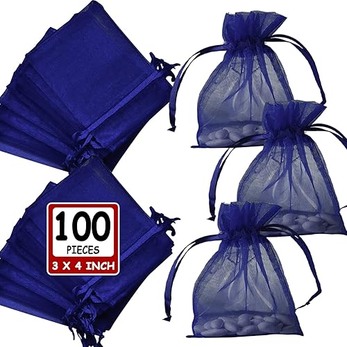 Miniatura 10 de Ableme Deco Bolsas de organza azul real de 3 x 4 pulgadas (100 unidades), bolsas de regalo de malla transparente con cordón, bolsas de joyería