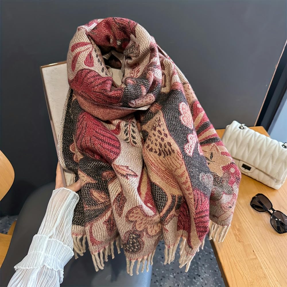 SYJYM Boho-Chic Oiseau Feuille Jacquard Écharpe Vintage Gland Châle Confortable Chaud Coupe-Vent Cape Femmes Parfait Hiver Folk Style Vintage