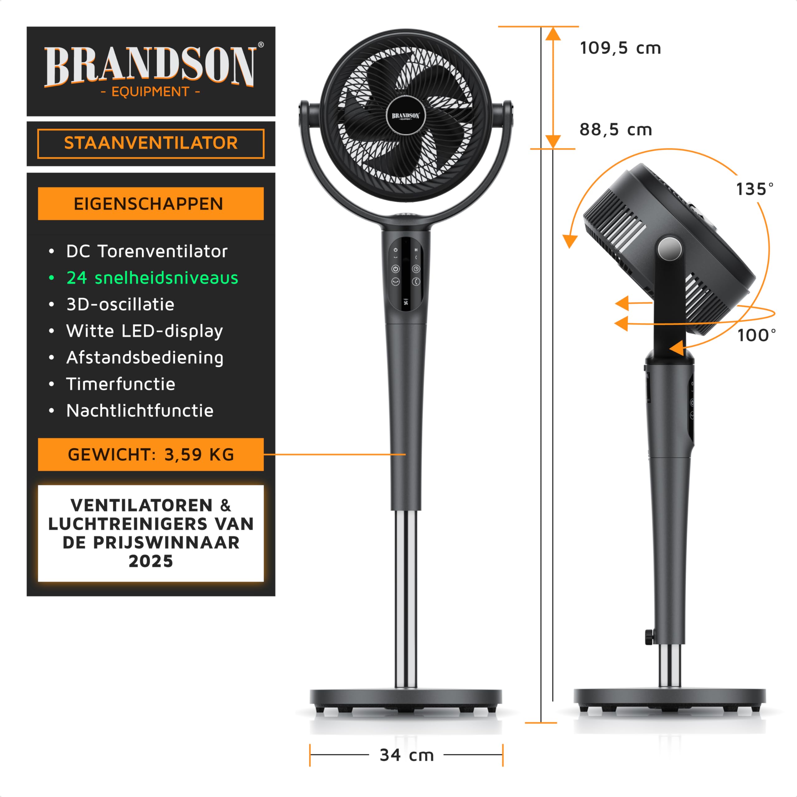 Brandson - Standventilator mit Fernbedienung 50 W - Preisträger 2025 - Standlüfter leise – Ventilator höhenverstellbar - um 40° verstellbar - 3 Geschwindigkeitsstufen - Oszillation ca. 90° - schwarz