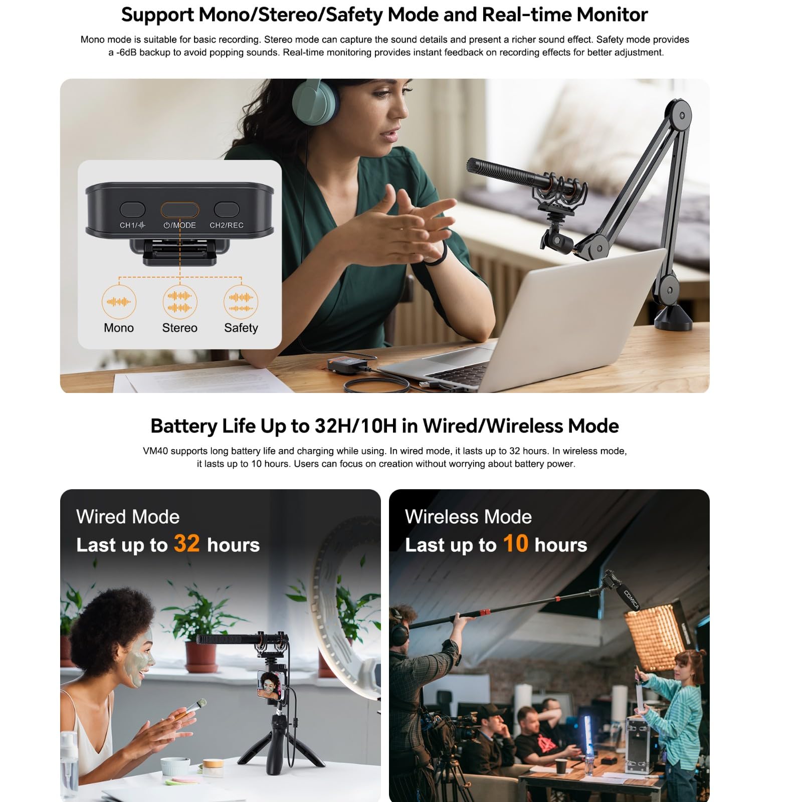 Microphone à canon Comica VM40 avec micro sans fil pour appareil photo, smartphone et PC, microphone super cardioïde avec contrôle par application pour l'enregistrement vidéo, le podcasting et l'inter