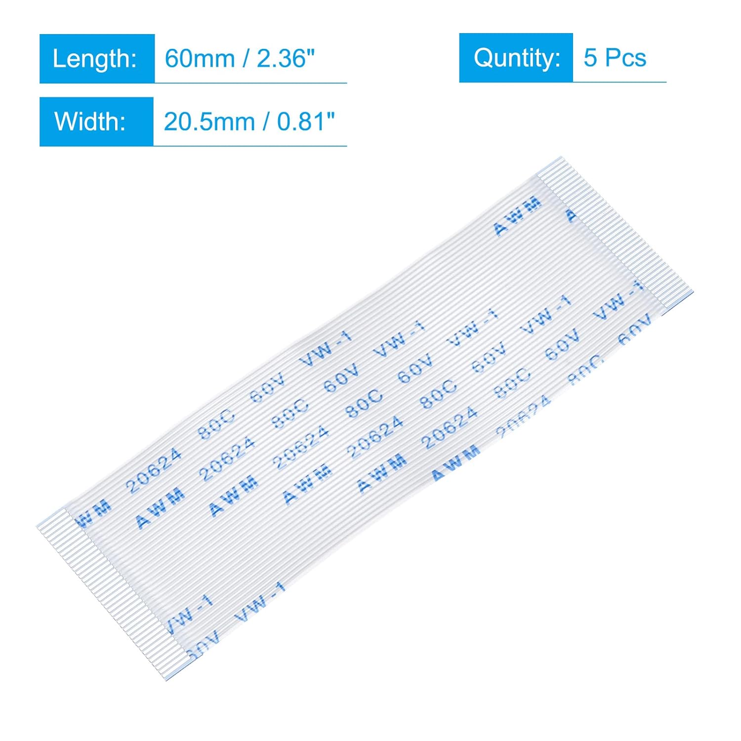 FFC FPC Flat Flexible Cable, 40 Pin 0.5mm Pitch 60mm Long (A Type) for LCD 3D Printer Camera DVD TV Laptop Audio Pack of 5