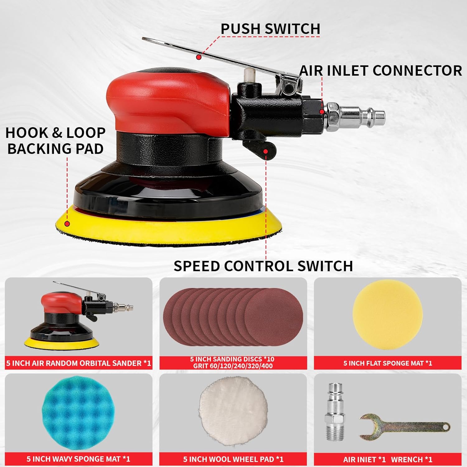 5" Air Random Orbital Sander Pneumatic Palm Sander Da Sander With 10 Pcs Sandpapers 3Pcs Polishing Pads Buffing Pads Kit for Sanding, Finishing, Polishing Wood Auto Body Work