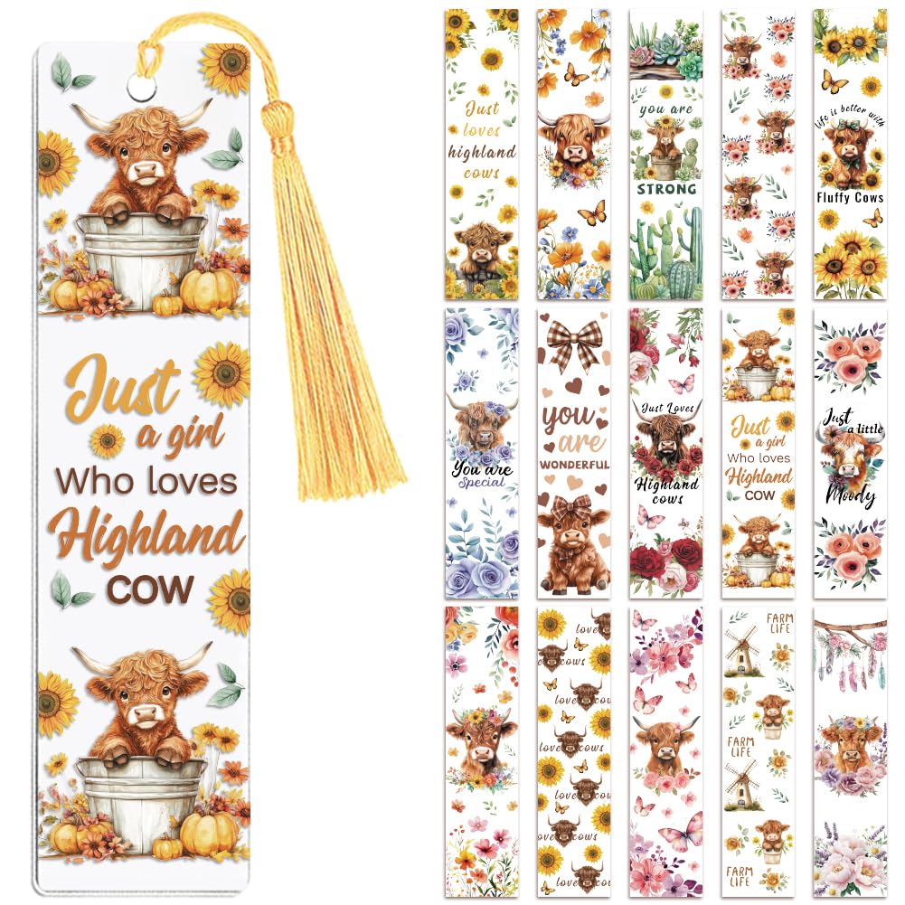 Peacoblue 30pcs UV DTF Bookmarks Wraps Transfer Stickers Highland Cow and Sunflowers for Women Men Reading, Waterproof Bookmarkers Decal(No Blank Bookmarks) for Acrylic Plastic Metal Blank Bookmark — image 1